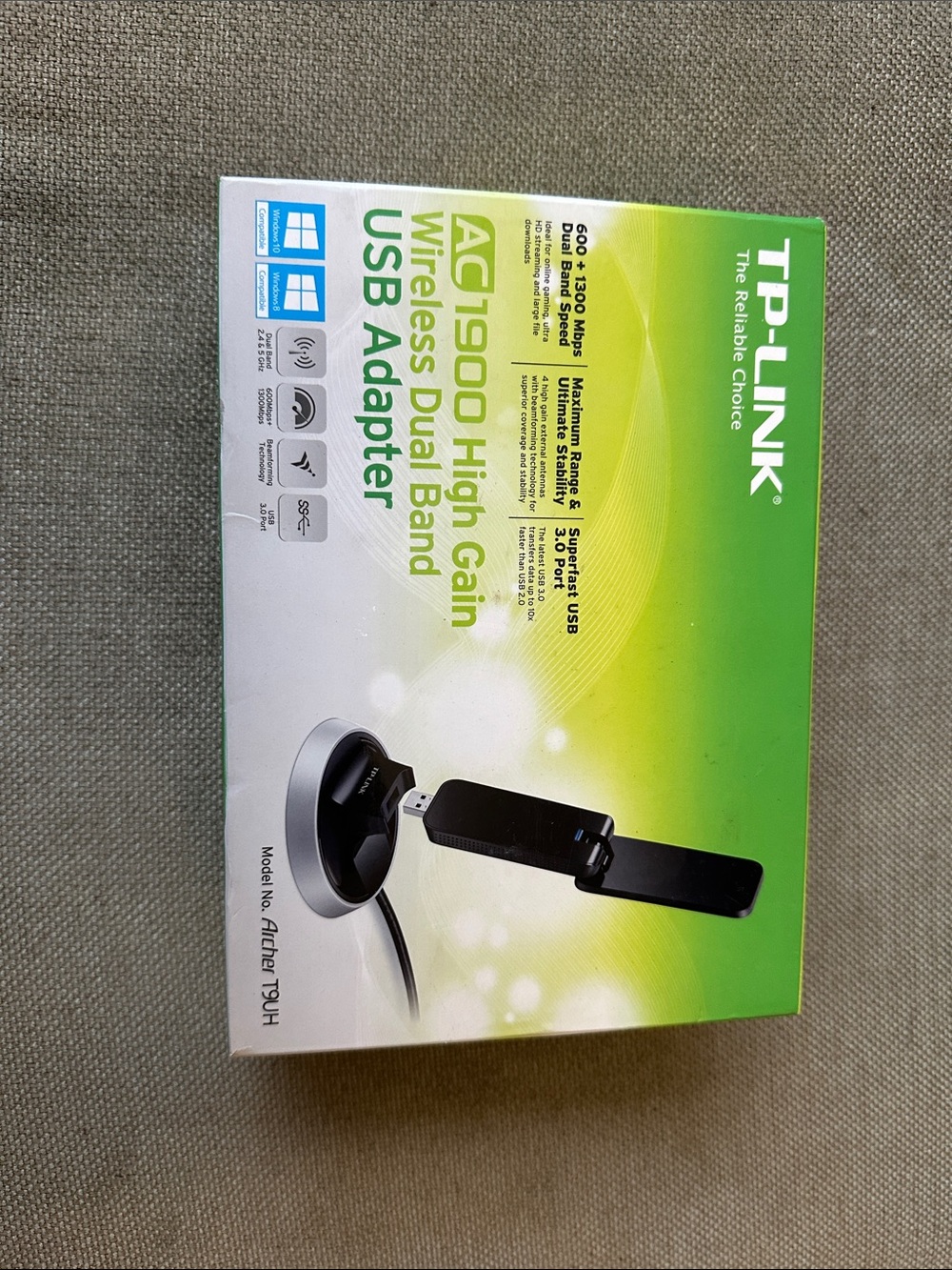 TP-Link AC1900 USB Wi‑Fi Adapter with Black Antenna and Green Box